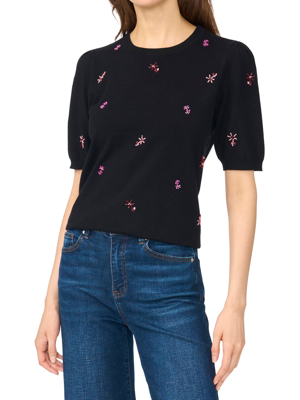 CeCe Black Short-Sleeve Knit Top with Pink and Red Sequin Accents